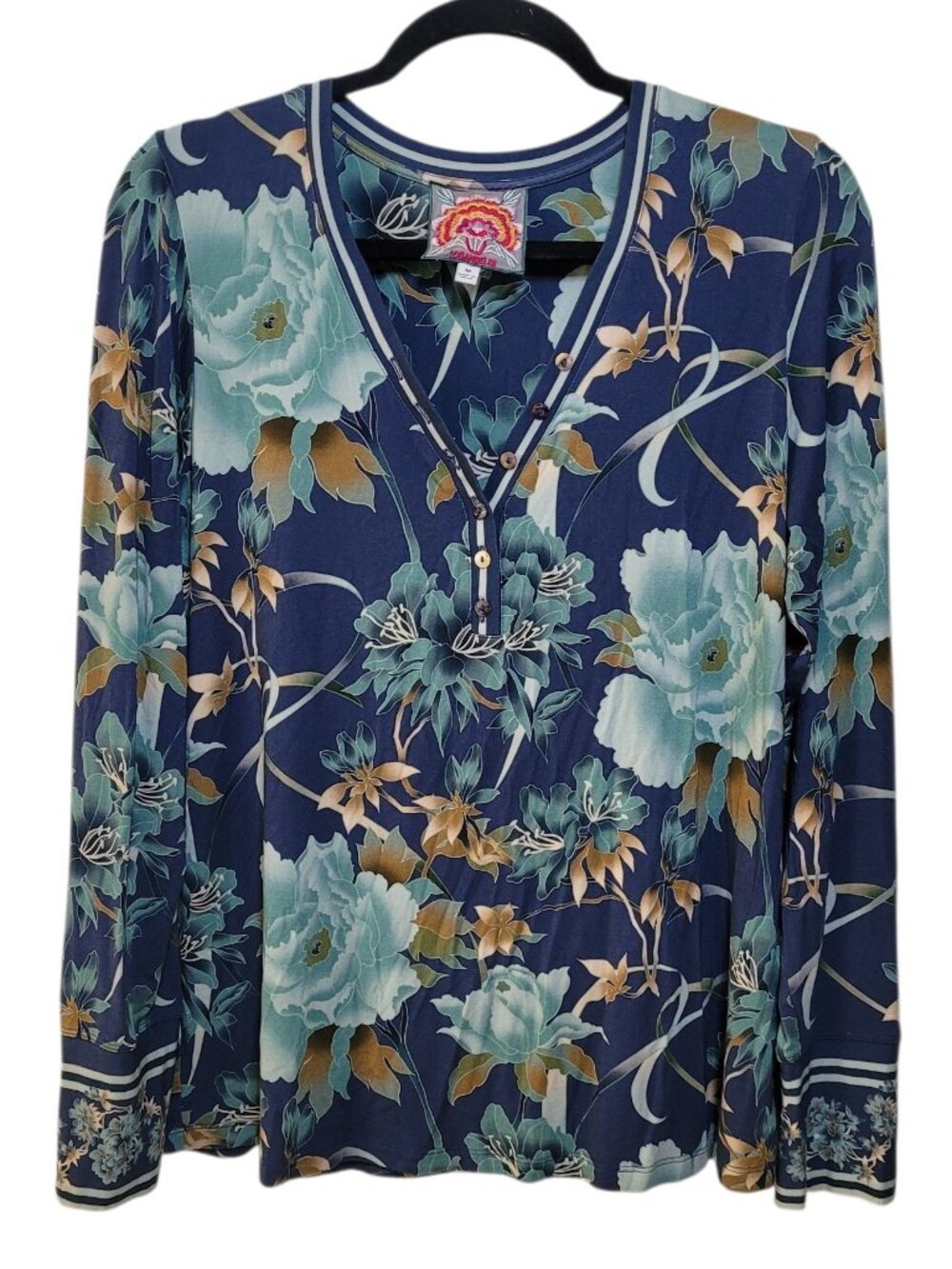 Johnny Was The Janie Favorite Henley Top Peonee Blue Floral V Neck Medium Boho